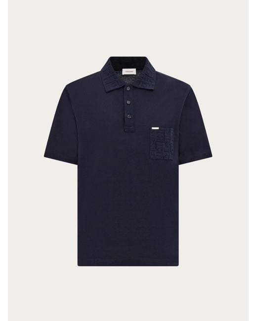Ferragamo Blue V-Neck Polo With Jacquard Pocket Detail for men
