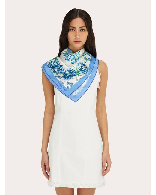 Ferragamo Blue Spring Print Silk Scarf