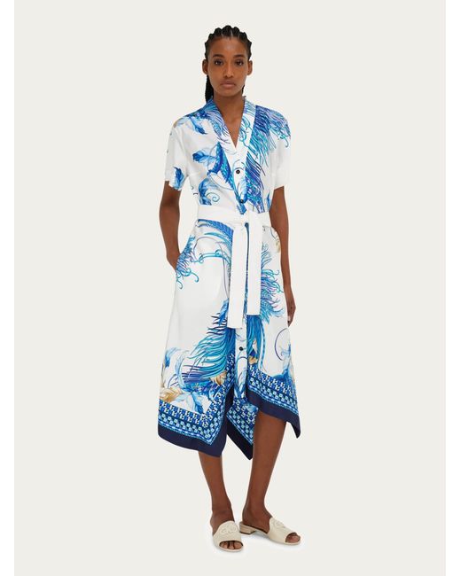 Ferragamo Blue Feather Show Print Asymmetric Midi Dress