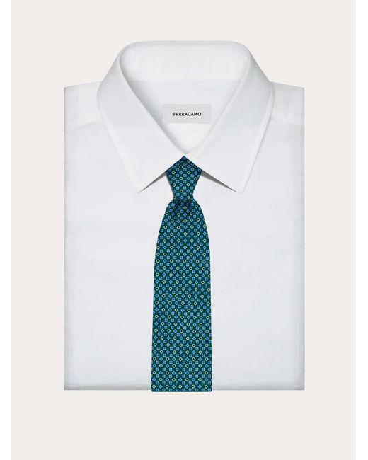 Ferragamo Blue Gancini Flower Print Silk Tie for men