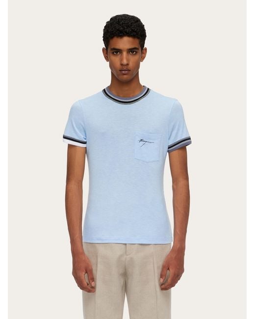 Ferragamo Blue T-shirt With Color Block Trims for men