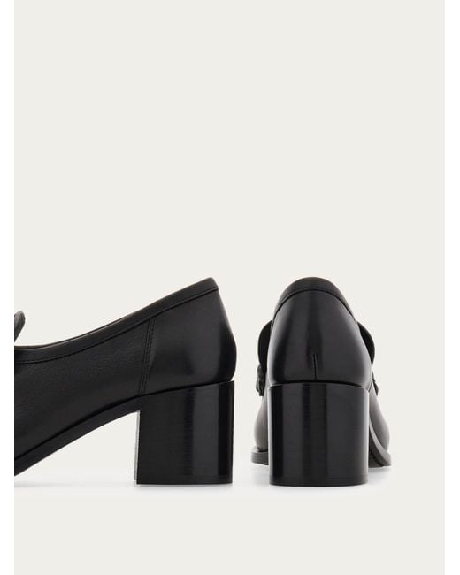 Ferragamo Black Block Heel Loafer With Gancini Ornament