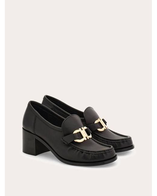 Ferragamo Black Block Heel Loafer With Gancini Ornament