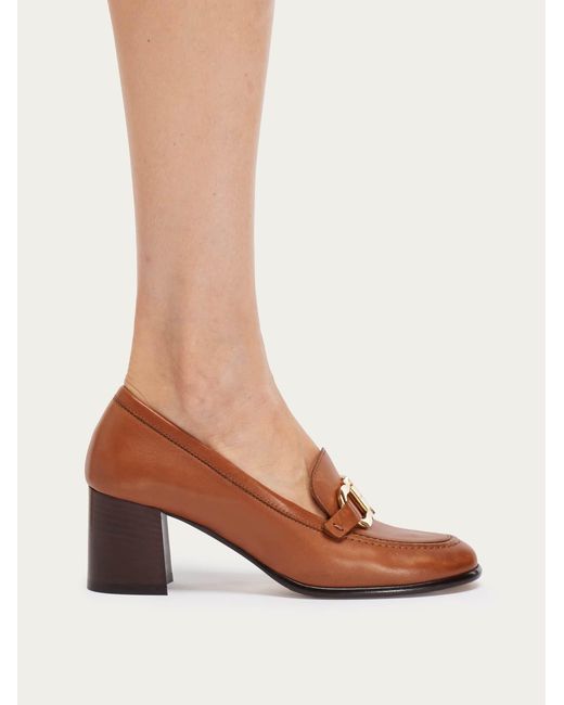 Ferragamo Brown Heeled Loafer With Gancini Ornament