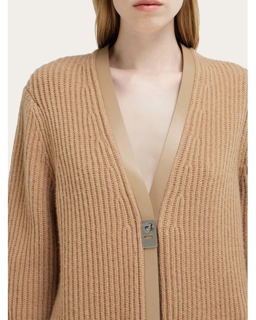 Ferragamo Natural Longline Cardigan With Leather Trims