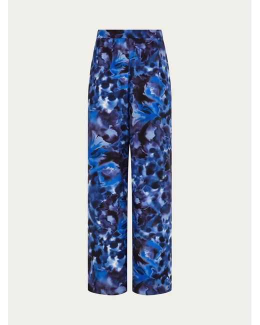 Ferragamo Blue Carnation Print Silk Trouser