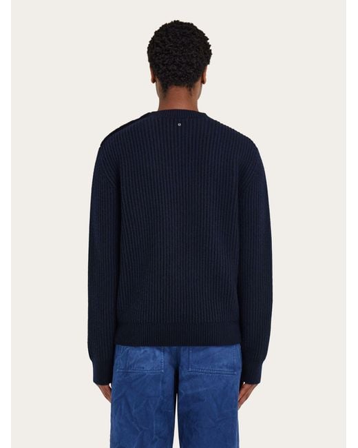 Ferragamo Blue Rib Knit Crew Neck Sweater With Hug Buckle Detail for men