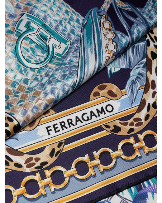 Ferragamo Blue Poised Leopards Print Silk Scarf