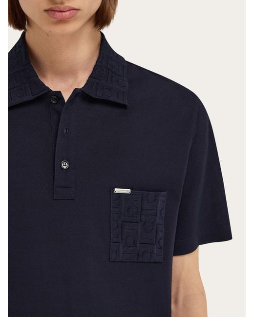 Ferragamo Blue V-Neck Polo With Jacquard Pocket Detail for men