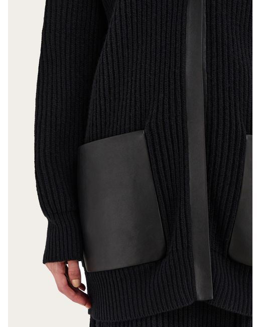 Ferragamo Black Longline Cardigan With Leather Trims