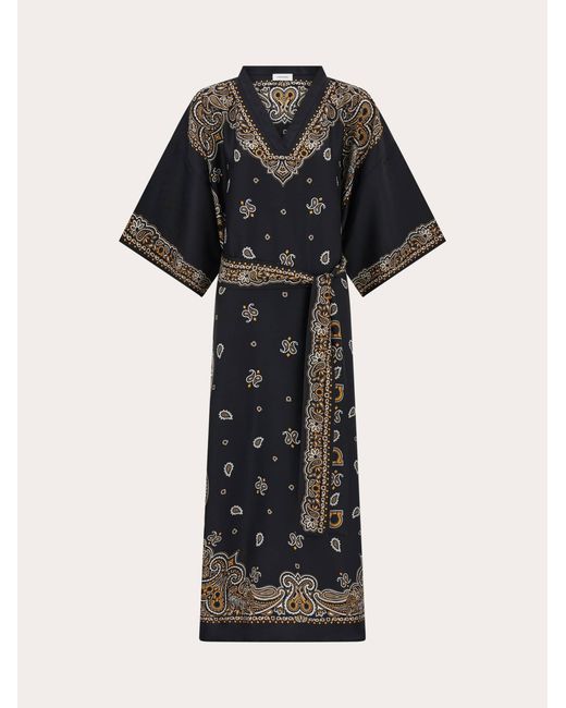 Ferragamo Black Arabesque Print Silk Caftan