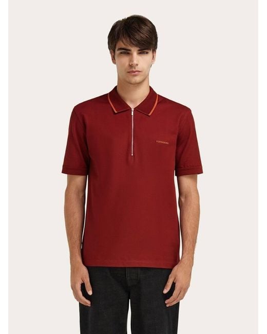 Ferragamo Red Cotton Polo Shirt With Zip Closure for men