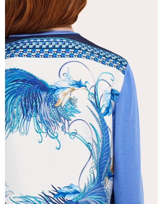 Ferragamo Blue Feather Show Print Crew-Neck Cardigan