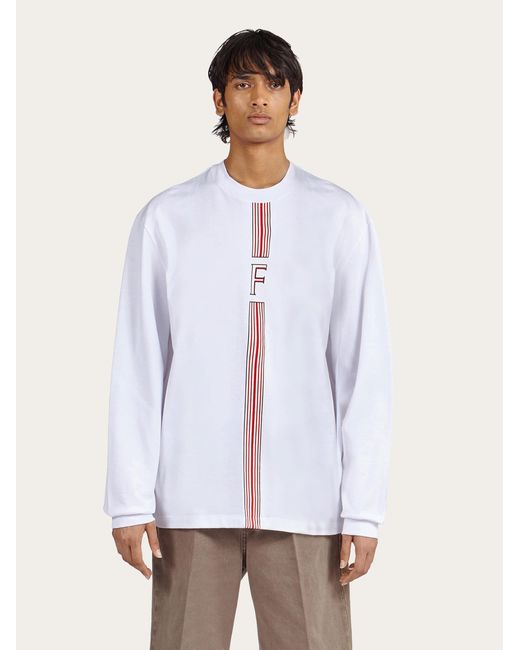 Ferragamo White Long Sleeved T-shirt With College Stripe Graphic for men