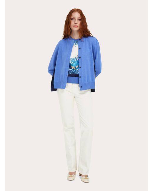 Ferragamo Blue Feather Show Print Crew-Neck Cardigan