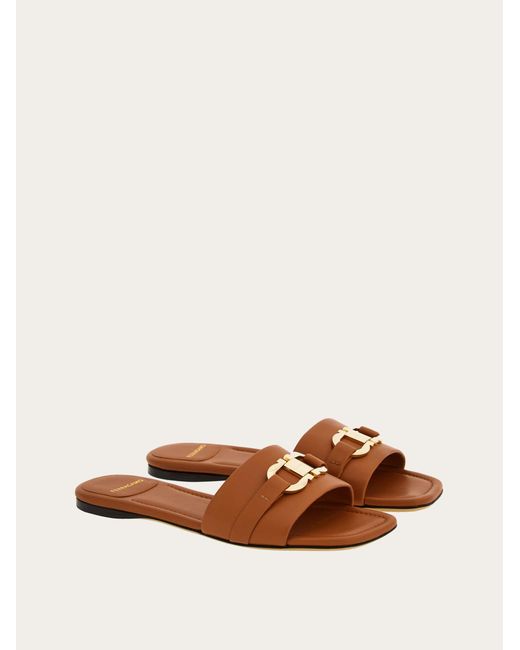 Ferragamo Natural Flat Slide With Gancini Ornament
