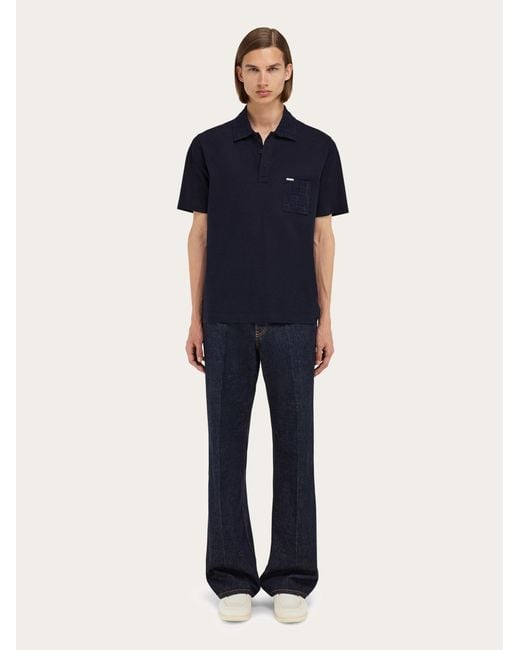Ferragamo Blue V-Neck Polo With Jacquard Pocket Detail for men
