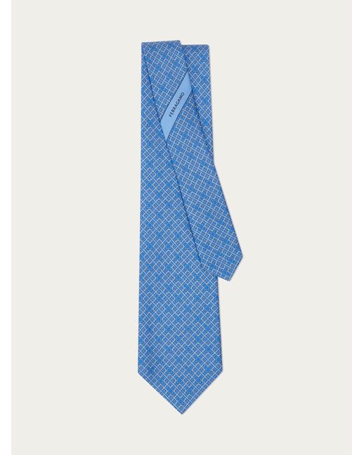 Ferragamo Blue Check Gancini Print Silk Tie for men