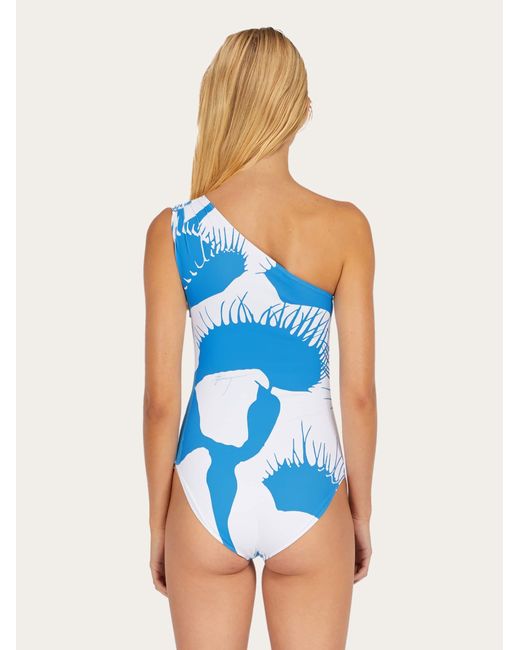 Ferragamo Blue Venus Print One Shoulder Swimsuit
