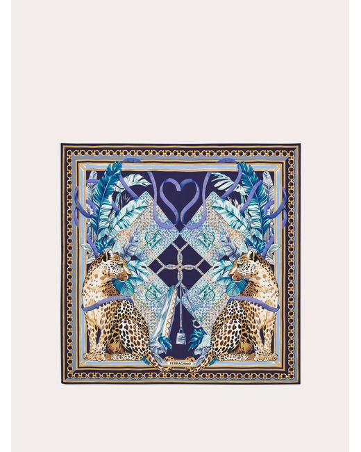 Ferragamo Blue Poised Leopards Print Silk Scarf