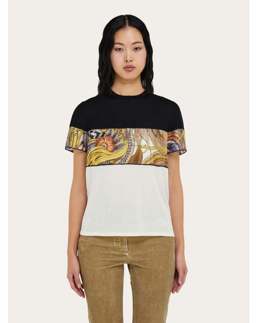 Ferragamo Black Crewneck T-Shirt With Rooster Print Inserts