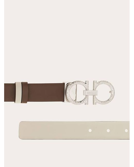 Ferragamo White Reversible And Adjustable Belt With Hammered Gancini