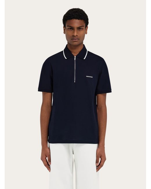 Ferragamo Blue Cotton Polo Shirt With Zip Closure for men