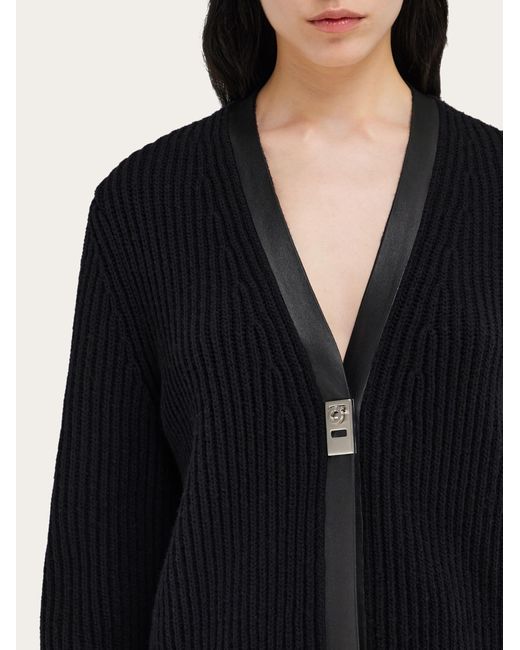 Ferragamo Black Longline Cardigan With Leather Trims