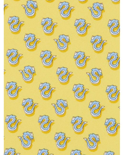 Ferragamo Yellow Dragon Print Silk Tie for men
