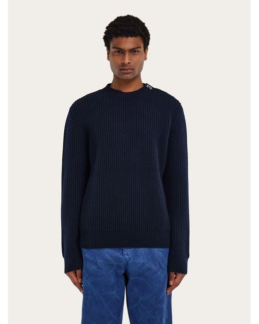 Ferragamo Blue Rib Knit Crew Neck Sweater With Hug Buckle Detail for men