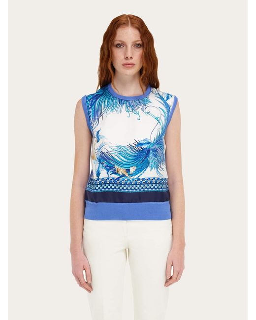 Ferragamo Blue Feather Show Print Sleeveless Sweater