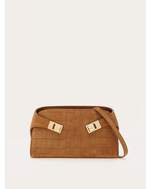 Ferragamo Brown Hug Mini Croc-Effect Tote Bag