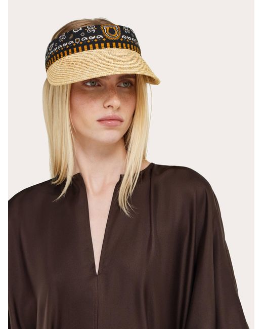 Ferragamo Natural Arabesque Print Straw Visor