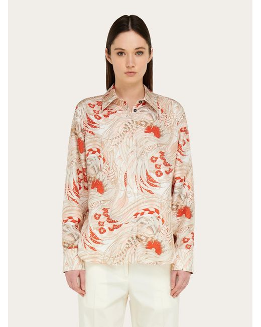 Ferragamo Pink Rooster Print Silk Twill Shirt
