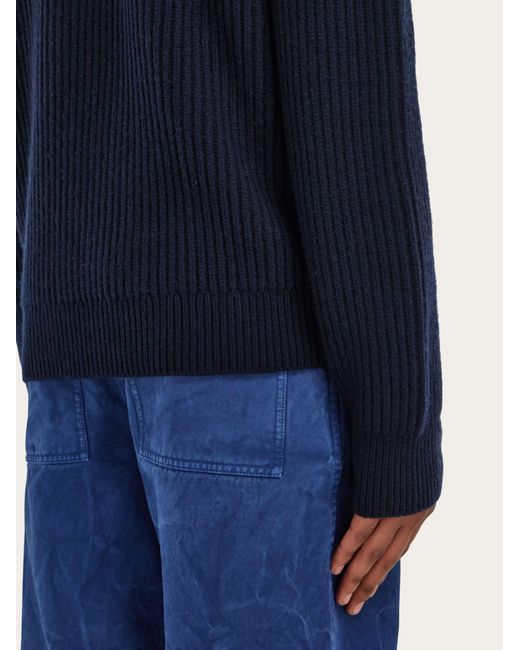 Ferragamo Blue Rib Knit Crew Neck Sweater With Hug Buckle Detail for men