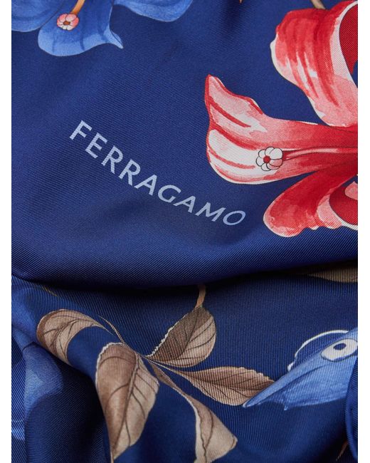 Ferragamo Blue Hibiscus Print Silk Foulard