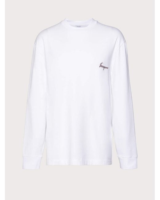 Ferragamo White Long Sleeved T-shirt With Botanical Print for men