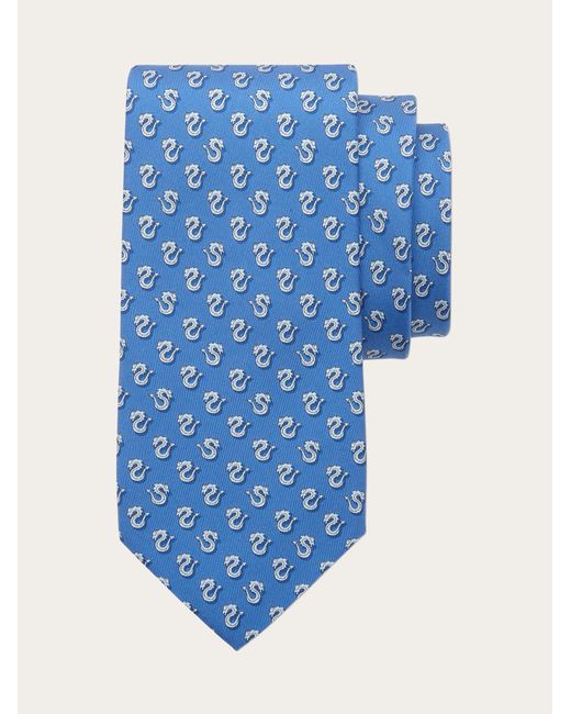 Ferragamo Blue Dragon Print Silk Tie for men
