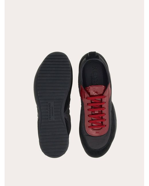 Ferragamo Black Men Sneaker With Patent Leather Trim