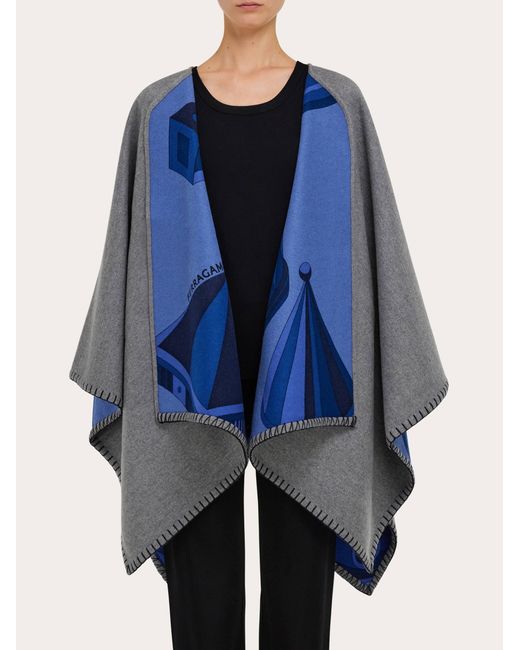 Ferragamo Blue Geometrical Renaissance Print Reversible Cape