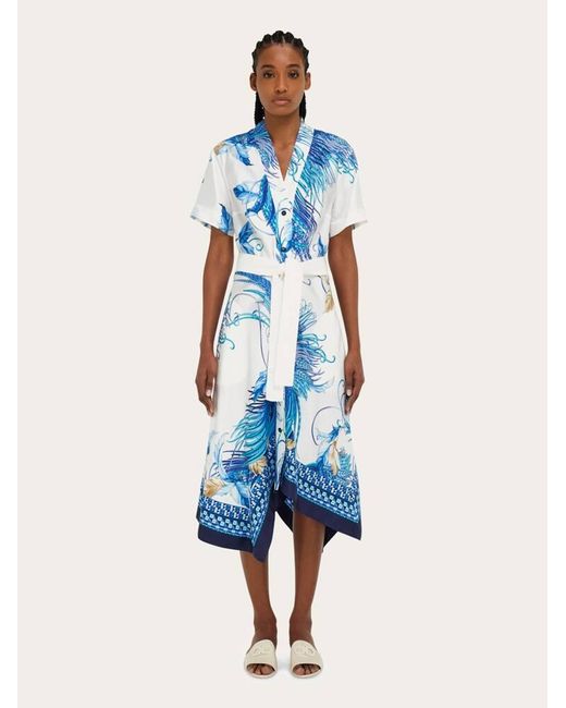 Ferragamo Blue Feather Show Print Asymmetric Midi Dress