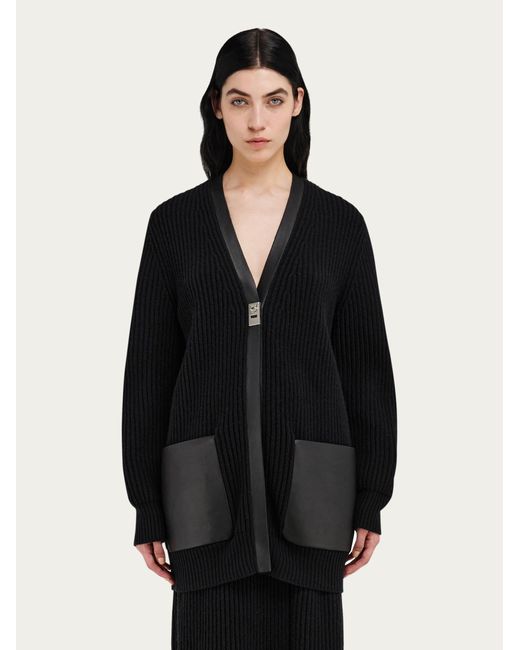 Ferragamo Black Longline Cardigan With Leather Trims