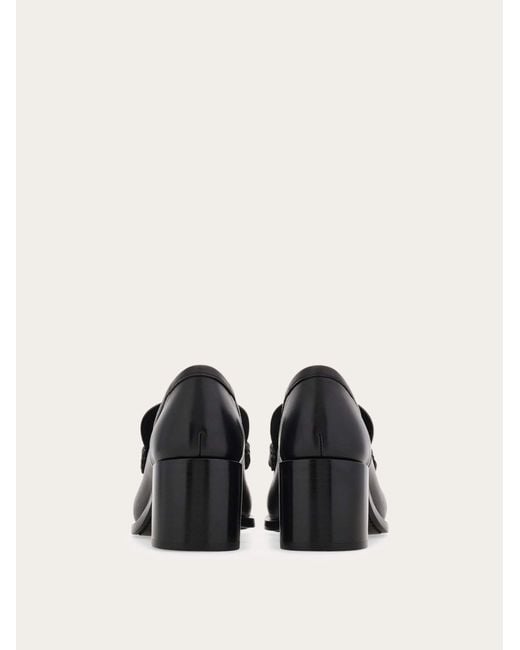 Ferragamo Black Block Heel Loafer With Gancini Ornament