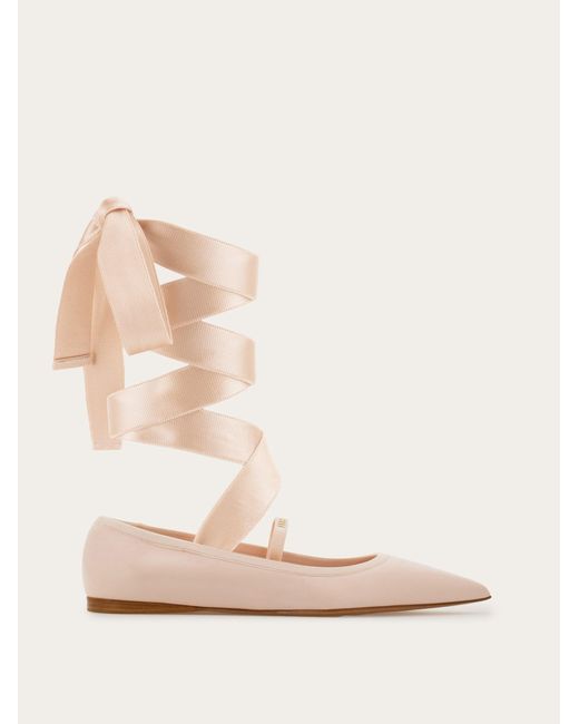 Ferragamo Natural Ballet Flat With Ankle Ribbon