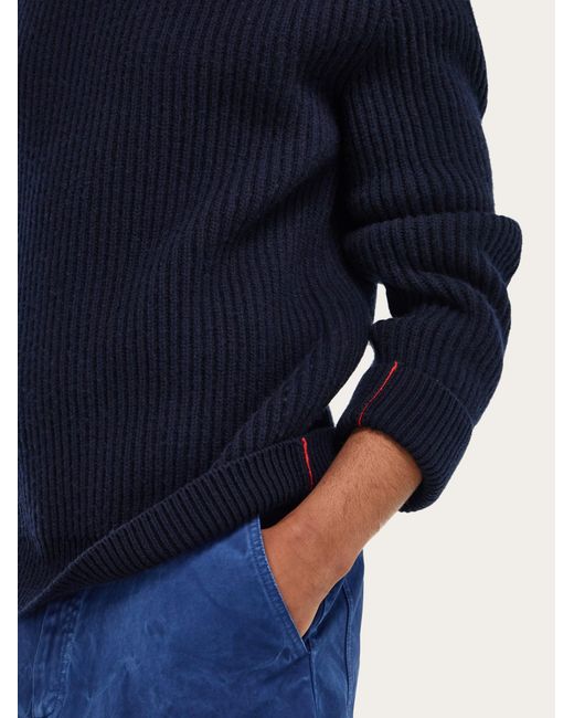 Ferragamo Blue Rib Knit Crew Neck Sweater With Hug Buckle Detail for men