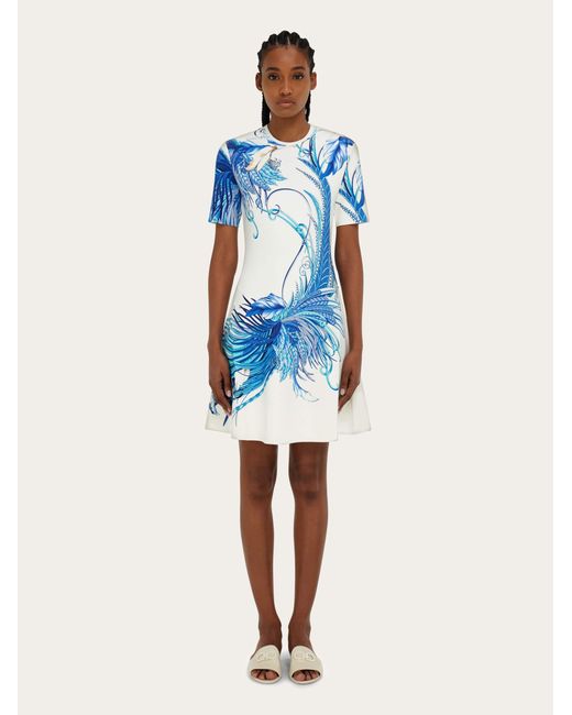 Ferragamo Blue Feather Show Print Dress
