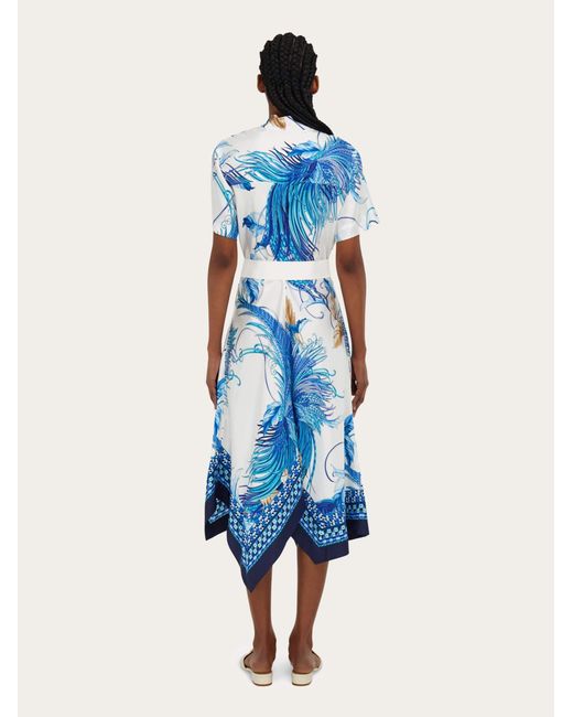 Ferragamo Blue Feather Show Print Asymmetric Midi Dress