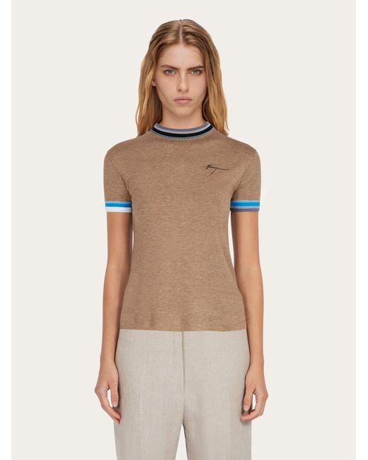 Ferragamo Natural Damen T-Shirt Mit Zweifarbigen Kanten