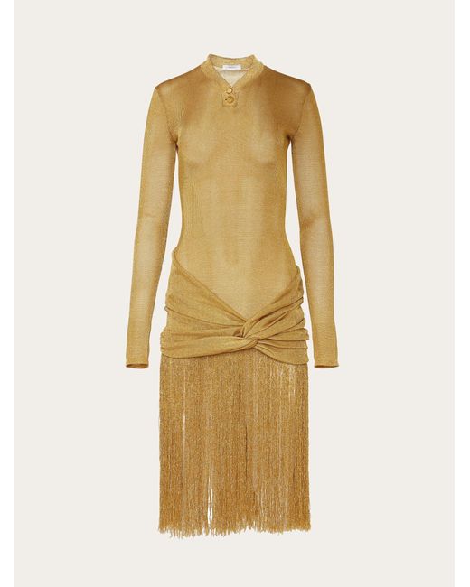 Ferragamo Metallic Midi Lurex Dress With Fringed Skirt