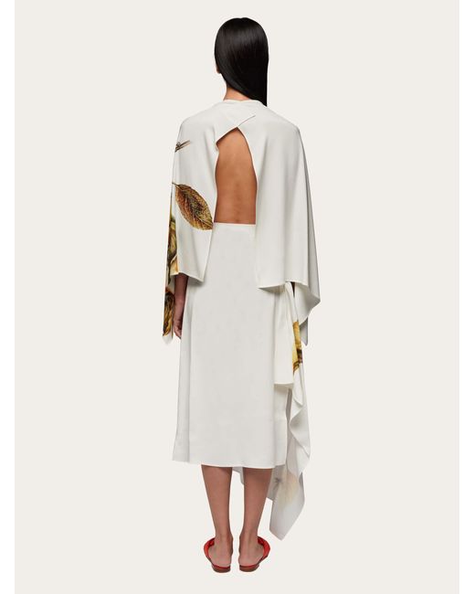 Ferragamo White Damen Asymmetrisches Kleid mit Botanik-Print